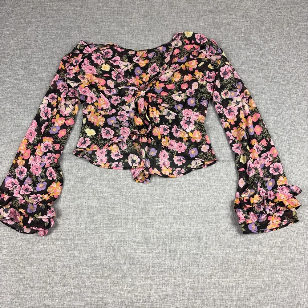 Free People Blouse Womens XS Multicolor V-Neck Tie Front Bell Sleeve Cropped